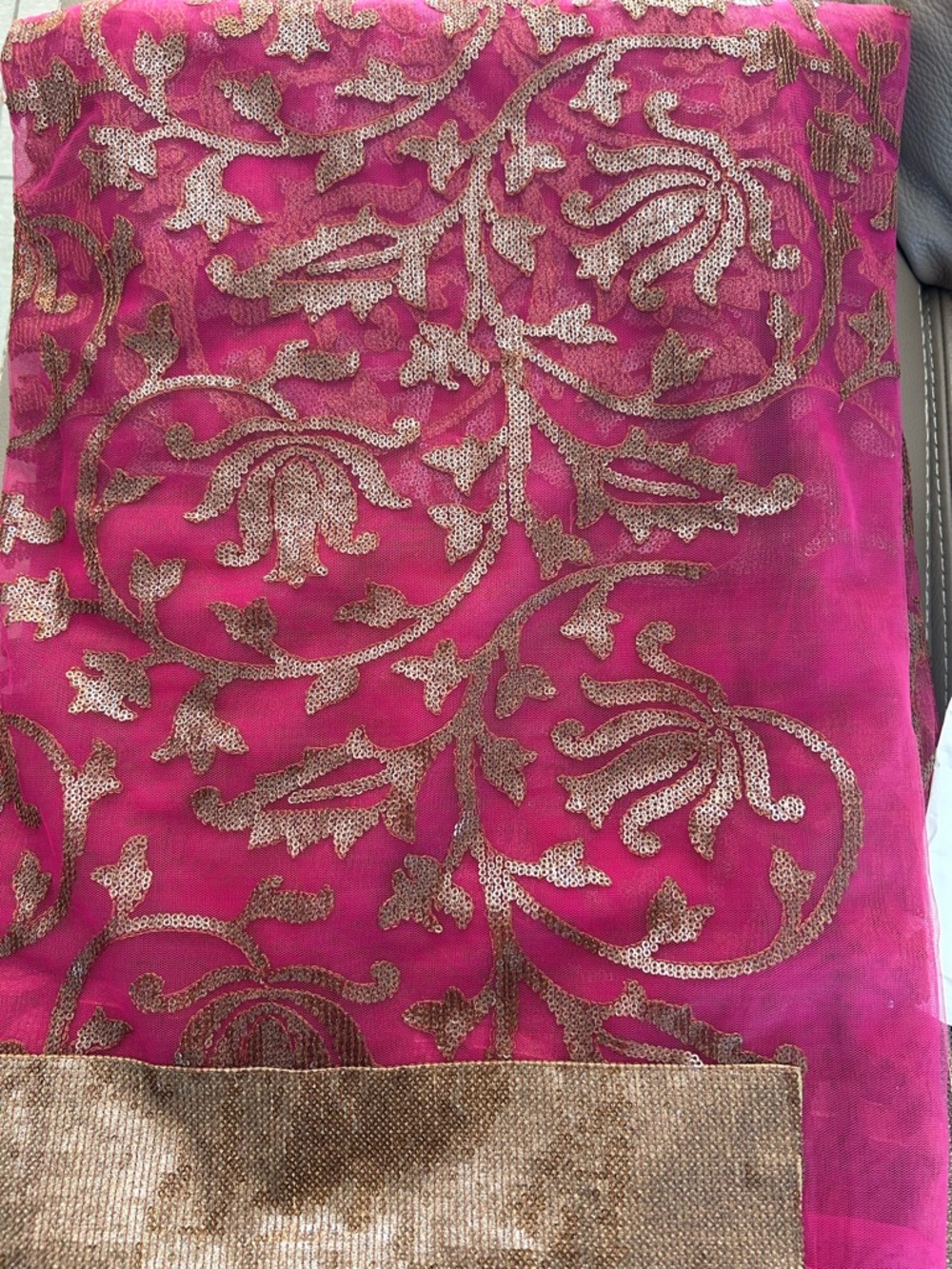 New, dark pink, magenta Embroidered Saree with Muted Gold Border & blouse
